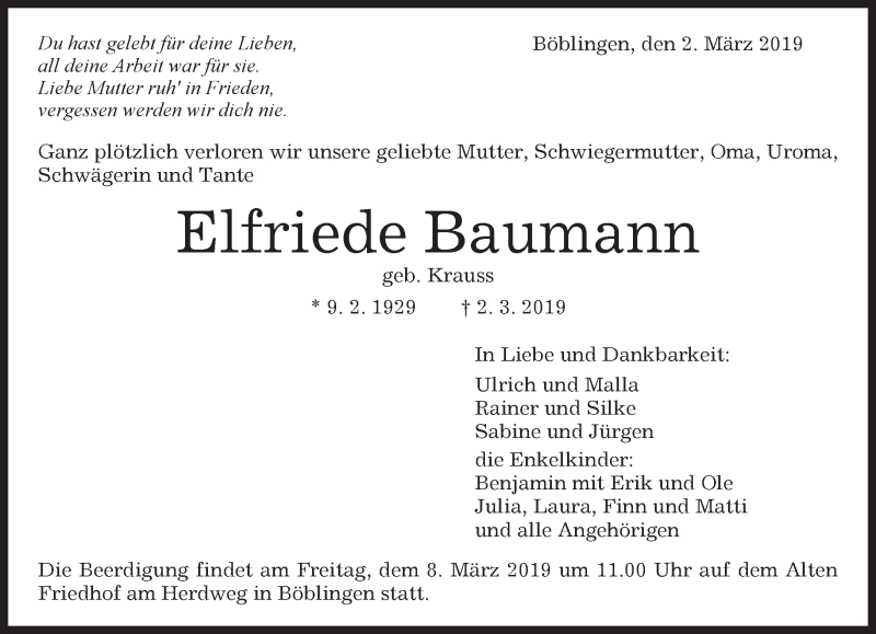  Traueranzeige für Elfriede Baumann vom 05.03.2019 aus Kreiszeitung Böblinger Bote