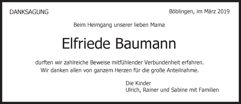  Traueranzeige für Elfriede Baumann vom 30.03.2019 aus Kreiszeitung Böblinger Bote