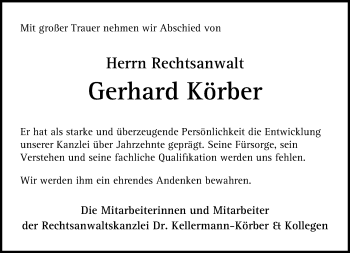 Traueranzeige von Gerhard Körber von Kreiszeitung Böblinger Bote