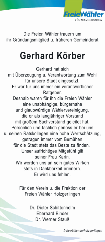 Traueranzeige von Gerhard Körber von Kreiszeitung Böblinger Bote