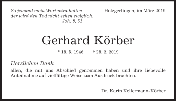 Traueranzeige von Gerhard Körber von Kreiszeitung Böblinger Bote