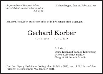 Traueranzeige von Gerhard Körber von Kreiszeitung Böblinger Bote