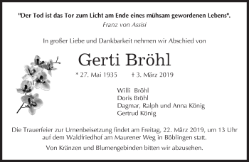 Traueranzeige von Gerti Bröhl von Kreiszeitung Böblinger Bote