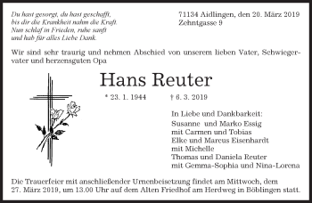 Traueranzeige von Hans Reuter von Kreiszeitung Böblinger Bote