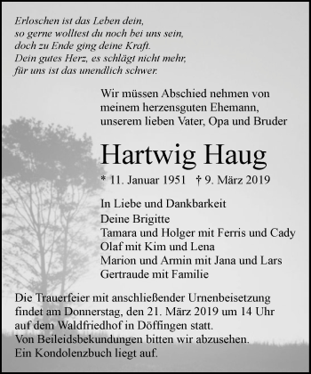 Traueranzeige von Hartwig Haug von Kreiszeitung Böblinger Bote