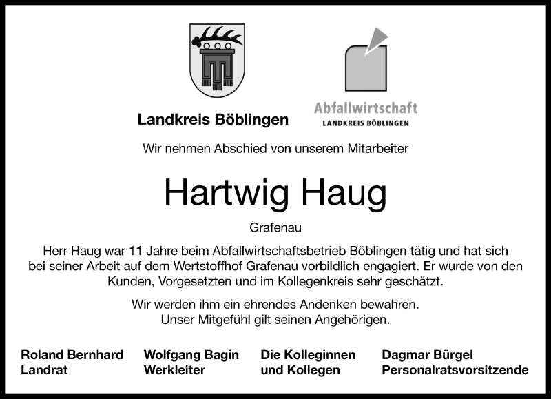  Traueranzeige für Hartwig Haug vom 20.03.2019 aus Kreiszeitung Böblinger Bote