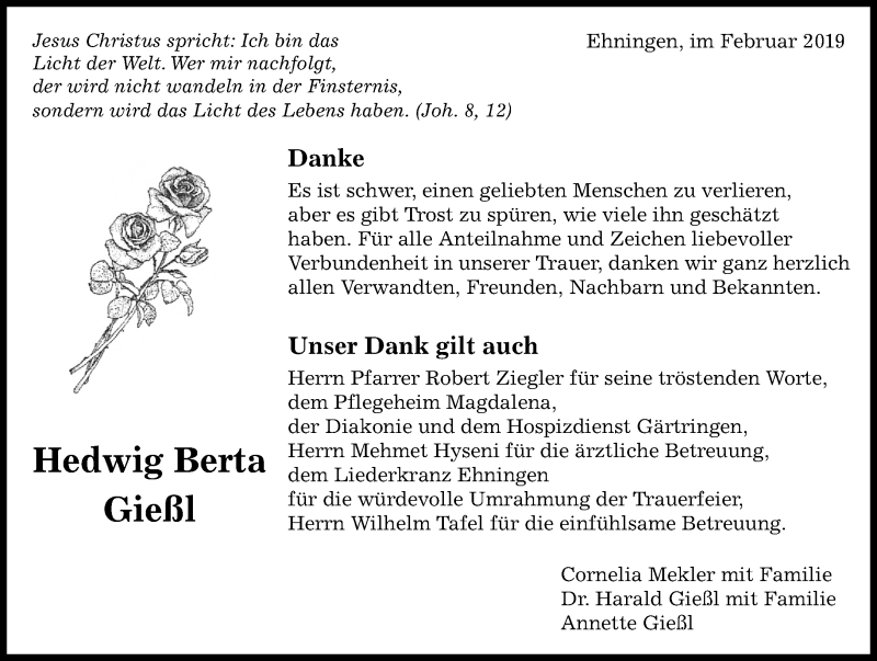  Traueranzeige für Hedwig Berta Gießl vom 07.03.2019 aus Kreiszeitung Böblinger Bote