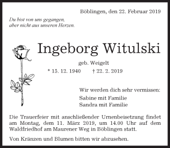 Traueranzeige von Ingeborg Witulski von Kreiszeitung Böblinger Bote