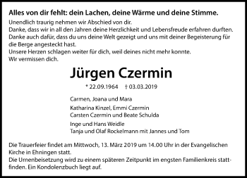 Traueranzeige von Jürgen Czermin von Kreiszeitung Böblinger Bote