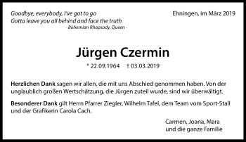 Traueranzeige von Jürgen Czermin von Kreiszeitung Böblinger Bote
