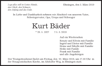 Traueranzeige von Kurt Bäder von Kreiszeitung Böblinger Bote