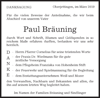 Traueranzeige von Paul Bräuning von Kreiszeitung Böblinger Bote