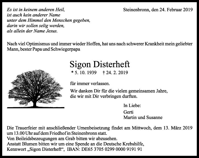  Traueranzeige für Sigon Disterheft vom 02.03.2019 aus Kreiszeitung Böblinger Bote