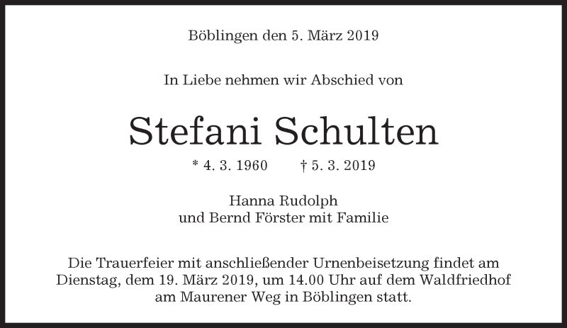  Traueranzeige für Stefani Schulten vom 16.03.2019 aus Kreiszeitung Böblinger Bote