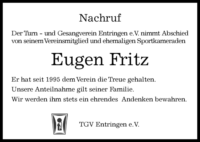  Traueranzeige für Eugen Fritz vom 04.04.2019 aus Kreiszeitung Böblinger Bote