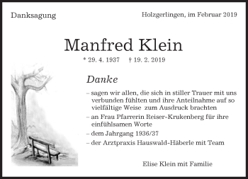 Traueranzeige von Manfred Klein von Kreiszeitung Böblinger Bote