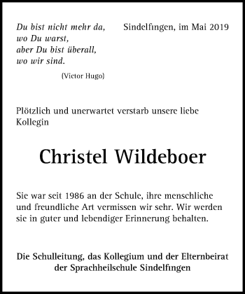 Traueranzeige von Christel Wildeboer von Kreiszeitung Böblinger Bote