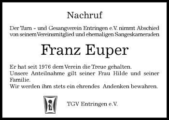 Traueranzeige von Franz Euper von Kreiszeitung Böblinger Bote