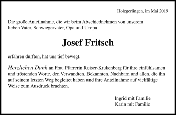 Traueranzeige von Josef Fritsch von Kreiszeitung Böblinger Bote