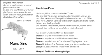 Traueranzeige von Manu Sins von Kreiszeitung Böblinger Bote