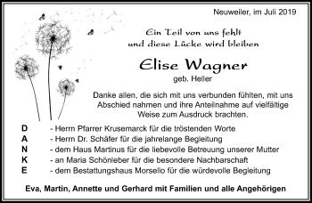 Traueranzeige von Elise Wagner von Kreiszeitung Böblinger Bote