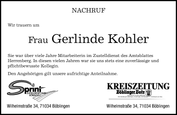 Traueranzeige von Gerlinde Kohler von Kreiszeitung Böblinger Bote