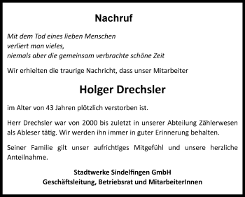 Traueranzeige von Holger Drechsler von Kreiszeitung Böblinger Bote