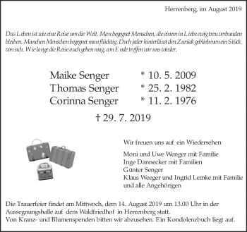 Traueranzeige von Maike, Thomas und Corinna Senger von Kreiszeitung Böblinger Bote