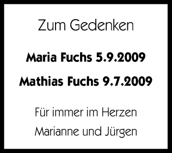 Traueranzeige von Maria und Matthias Fuchs von Kreiszeitung Böblinger Bote