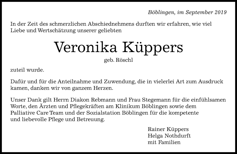  Traueranzeige für Veronika Küppers vom 18.09.2019 aus Kreiszeitung Böblinger Bote