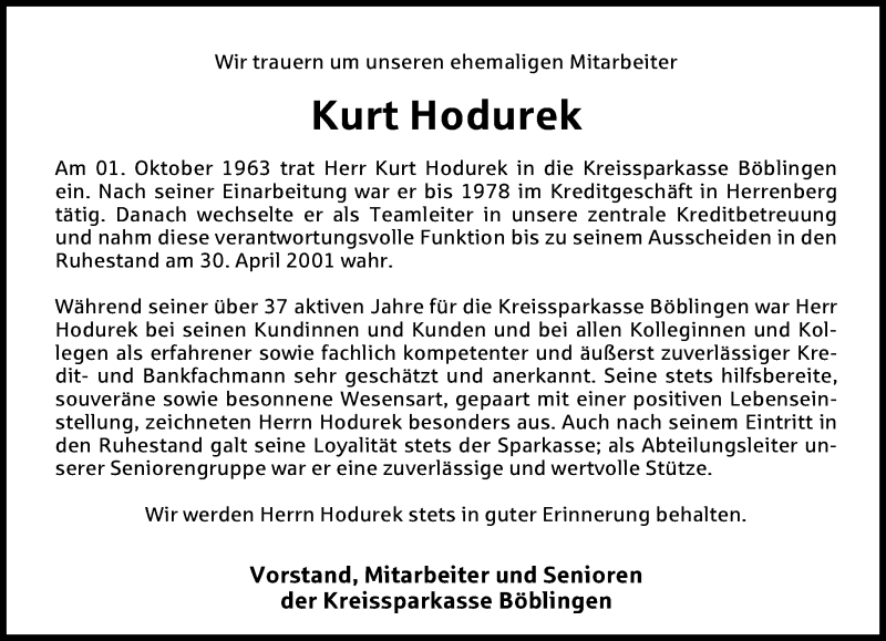  Traueranzeige für Kurt Hodurek vom 04.01.2020 aus Kreiszeitung Böblinger Bote