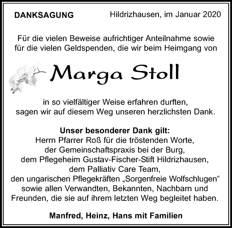 Traueranzeige für Marga Stoll vom 11.01.2020 aus Kreiszeitung Böblinger Bote