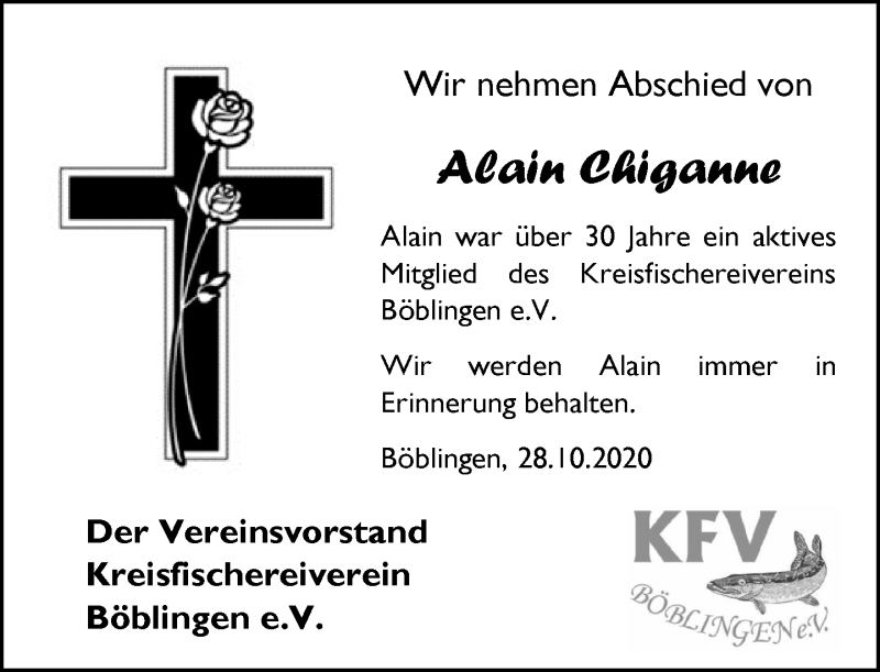  Traueranzeige für Alain Chiganne vom 30.10.2020 aus Kreiszeitung Böblinger Bote