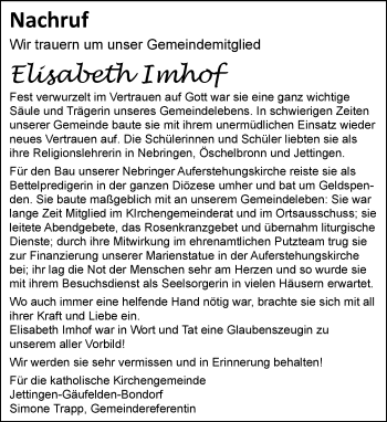 Traueranzeige von Elisabeth Imhof von Kreiszeitung Böblinger Bote