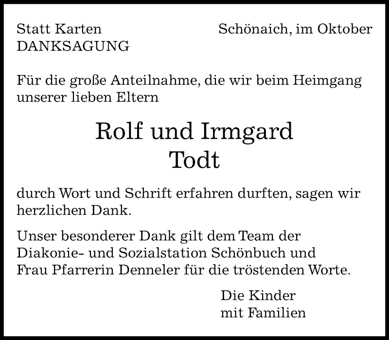  Traueranzeige für Rolf und Irmgard Todt vom 08.10.2020 aus Kreiszeitung Böblinger Bote