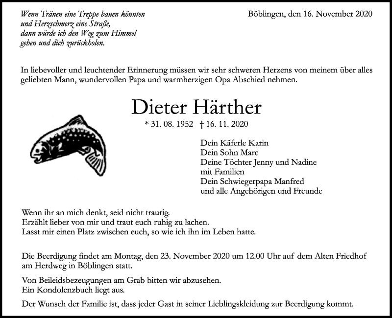  Traueranzeige für Dieter Härther vom 20.11.2020 aus Kreiszeitung Böblinger Bote