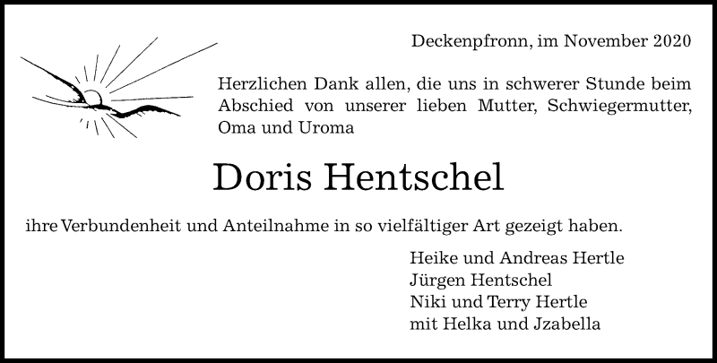  Traueranzeige für Doris Hentschel vom 28.11.2020 aus Kreiszeitung Böblinger Bote