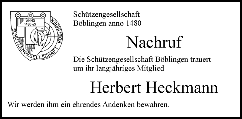  Traueranzeige für Herbert Heckmann vom 22.12.2020 aus Kreiszeitung Böblinger Bote