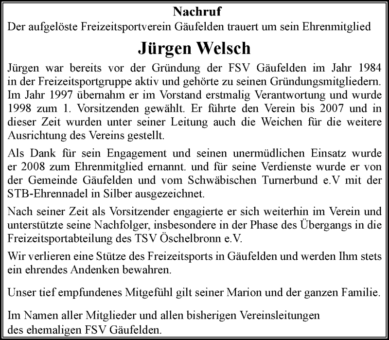  Traueranzeige für Jürgen Welsch vom 24.12.2020 aus Kreiszeitung Böblinger Bote