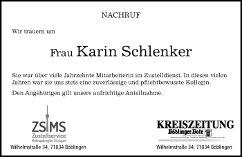 Traueranzeige von Karin Schlenker von Kreiszeitung Böblinger Bote