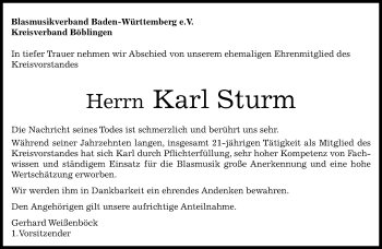 Traueranzeige von Karl Sturm von Kreiszeitung Böblinger Bote