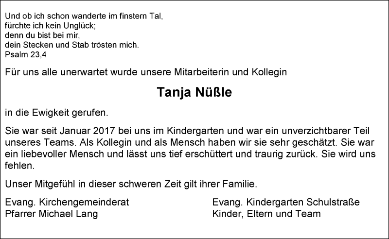 Traueranzeige für Tanja Nüßle vom 03.12.2020 aus Kreiszeitung Böblinger Bote