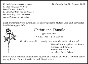 Traueranzeige von Christiane Fäustle von Kreiszeitung Böblinger Bote