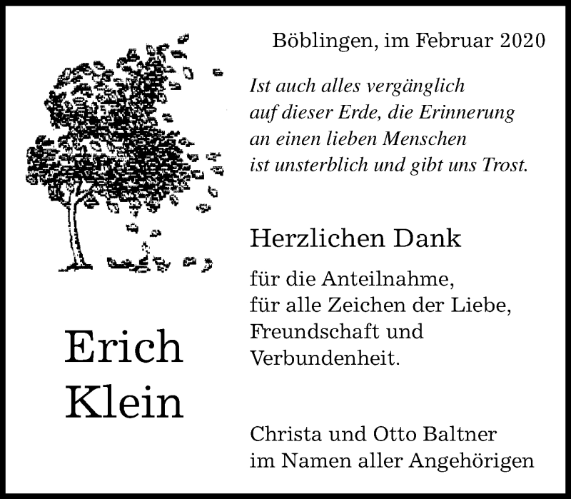  Traueranzeige für Erich Klein vom 25.02.2020 aus Kreiszeitung Böblinger Bote