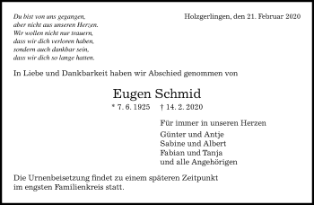 Traueranzeige von Eugen Schmid von Kreiszeitung Böblinger Bote