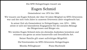 Traueranzeige von Eugen Schmid von Kreiszeitung Böblinger Bote