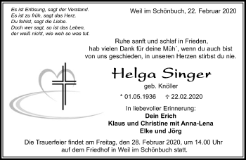 Traueranzeige von Helga Singer von Kreiszeitung Böblinger Bote