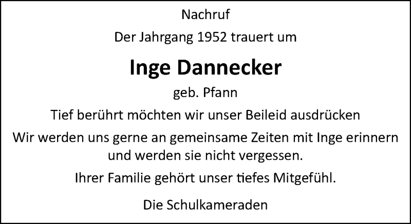  Traueranzeige für Inge Dannecker vom 21.02.2020 aus Kreiszeitung Böblinger Bote