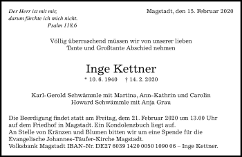 Traueranzeige von Inge Kettner von Kreiszeitung Böblinger Bote