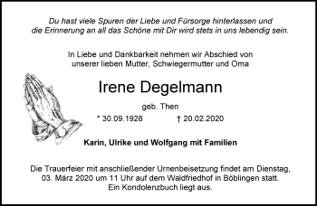 Traueranzeige von Irene Degelmann von Kreiszeitung Böblinger Bote